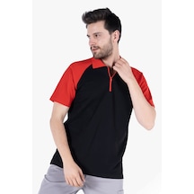 Polo Yaka Fermuarlı T-shirt Siyah - Kırmızı
