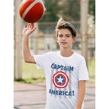 Sevbano Kaptan Amerika Baskılı Unisex Avengers Film Çocuk Tişört 1-12 Ya Beyaz