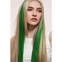 Caş Dekorasyon Yeşil Renk Simli Yan Postiş Hair Tinsel Shiny Hair-50 Cm- 2adet Yeşil