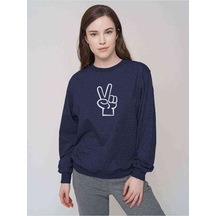 Peace Baskılı Indigo Mavi Kadın Sweatshirt (528276731)