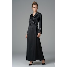 Wear&co Still Wear Co Stıll Kadın Siyah Saten Uzun Elbise Kruvaze Yaka, Kemerli, Şık Taşlı Abiye Elbise Siyah