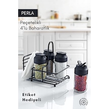 Perla Metal Standlı Peçetelikli 4'lü Çift Kapaklı Cam Baharatlık