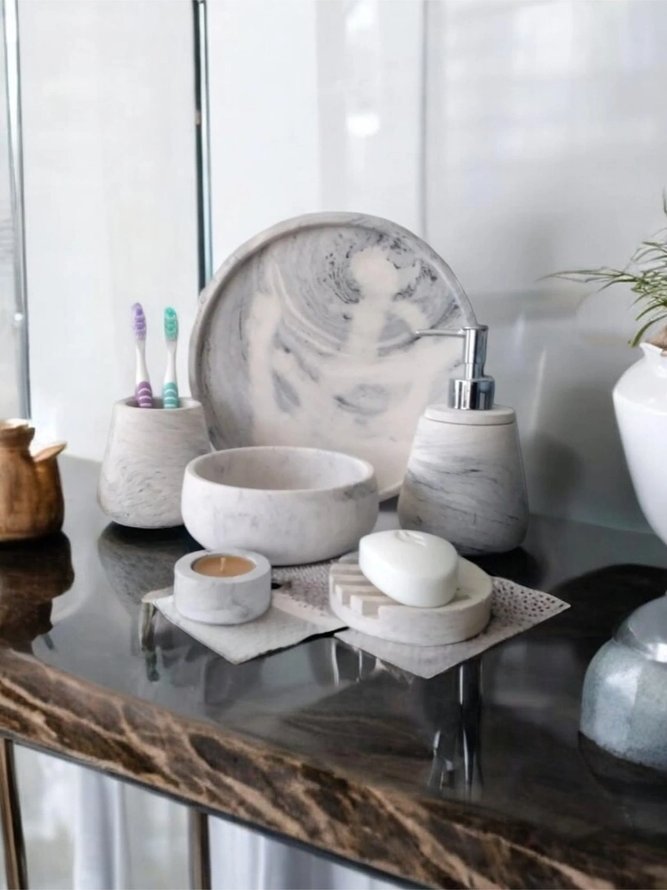 6'lı Mermer Desen Beton Banyo Seti ,sabunluk,diş Fırçalığı,aksesuar,havluluk,tepsi,mumluk,dekorasyon Gri
