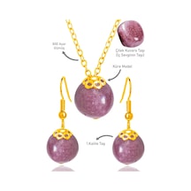 Sertifikalı Gold Küre Model Çilek Kuvars Taşı Kolye Ve Küpe Seti Çok Renkli