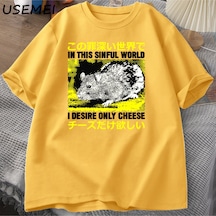 Flood Of Style Ben Arzu Sadece Peynir T-shirt Erkekler Komik Pamuk Japon Sıçan Grpahic Tees Casual Pamuk Kıs Sarı