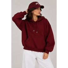 Vadon 1047 Kadın Kapüşonlu Kanguru Cepli 3 İplik Pamuklu Sweatshirt Bordo