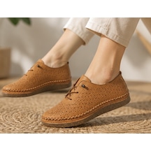 N Napa Shoe Np.8208l.taba Napa Shoe Kadın Hakiki Deri Lazer Kesim Günlük Ayakkabı Bağcıklı Ortopedik Comfort Sneaker Taba