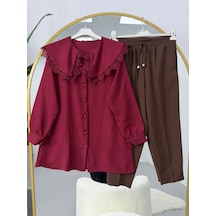 Lovie Moda Yakası Dantel Detaylı Pantolonlu Takım Bordo-kahve