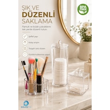 3 Lü Şeffaf Makyaj Organizer Seti Pamukluk Kulak Çubuğu Kutusu Ve Fırça Düzenleyici