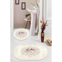Bej Çiçekli Desen Banyo Halısı Klozet Oval Paspas Seti Bs077n11
