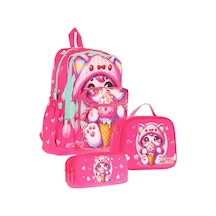 Kaukko Kids Dört Bölmeli Okul Çantası + Beslenme +kalemlik Seti Dondurma Yiyen Kedi - Kız Çocuk - Pembe Pembe