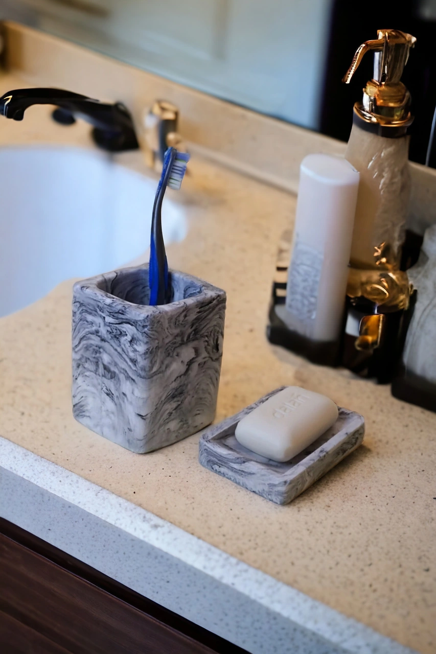 Mermer Desen Beton Banyo Seti Diş Fırçalık Sabunluk Gri