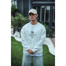 Erkek 3 İplik Pamuklu Bisiklet Yaka Ön Ve Arka Baskılı Sweatshirt - Beyaz