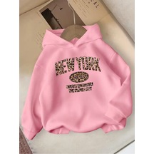 Kışlık Kapüşonlu Sweatshirt, Çocuk Leopar New York Pembe
