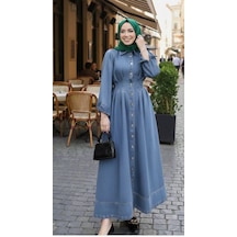Hb Harma Time Butik Kadın Beli Büzgülü Düğmeli Kot Mavi Elbise