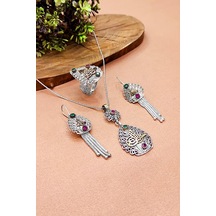 Tuğralı Oksitli Telkari Gümüş Set 925 Ayar Otantik Kolye Küpe Ayarlanabilir Yüzük Aks-2099