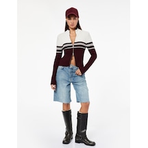 Koton Dik Yaka Slim Fit Uzun Kollu Çizgili Fermuarlı Triko Hırka Bordo Çizgili 6wal90108ht Bordo Çizgili