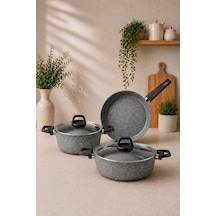 Dark Stone 5 Parca Granit Ezme Tencere Seti - Gri -20 Derin-26 Basık - 26 Tava