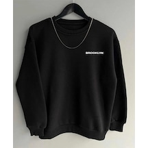 Startmore Siyah Oversize Brooklyn Baskılı Pamuklu Kapşonsuz 0 Yaka Unisex Sweatshirt Siyah