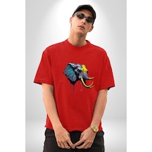 Renkli Fil Kafası Pamuklu Bisiklet Yaka Unisex Oversize Boyfriend Dijital Baskılı Kırmızı T-shirt Kırmızı