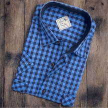 Linen Keten 2 Cepli Kısa Kollu Saks Mavisi Baba Gömleği Regular Kalıp -10038 Saks Mavi