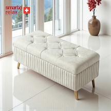 Smarto Relax Swiss Style Puf , Appenzell Kapitonesandıklı Puf, Babyface Kaplama, 110x40x45 Cm, Ahşap Ayaklı ,sandıklı Dekoratif Puf Bej Ekru