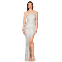 Hanife Glam Couture Hanife Glam Tek Askılı Yırtmaçlı Pul Payet Abiye Elbise Gümüş