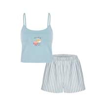 Kadın Pamuklu Çizgili Desenli İp Askılı Şortlu Pijama Takımı Ko7203ş-1 mavi