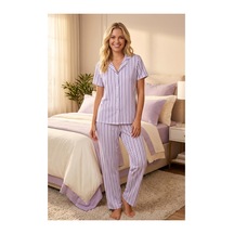 Fit Women Lila-beyaz Çizgili Gömlek Yaka Pijama Takımı 4629-lila Kadın Kısa Kollu Düğmeli Uzun Alt Pijama Takımı