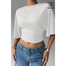 Cool Tarz Kadın Beyaz Crop Bluz Yarım Kol Salaş Fit Yüksek Bel Büzgülü Basic Tişört Beyaz Beyaz