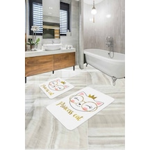 Ekru Kedi Temalı Banyo Halısı Klozet 2'li Paspas Seti Bs256n11