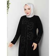 Eslemnur Lotus Çiçek Taşlı Büyük Beden Anne Elbisesi Siyah