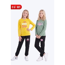Panios Kids Kız Çocuk 2'li Baskılı Uzun Kollu Süprem Eşofman Takımı Sarı-mint Yeşili