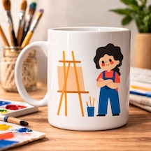Ressam Tasarımlı Porselen Kupa Model 163 Sanatçı Temalı Kahve Kupası Ressam Hediyesi Sanat Sev Beyaz