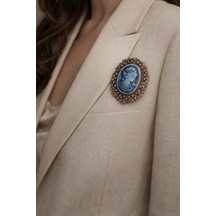 Mavi Ton Cameo Kadın Figürlü Metal Broş Taşlı Antik Gold Çerçeve Tasarım Açık Gri