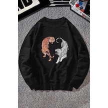 Unisex Tiger Bisiklet Yaka Sweatshirt Siyah