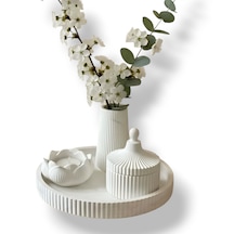 4 Lü Kokulu Mum & Dekoratif Set Lotus Mumluk, Çizgili Vazo & Kapaklı Obje Beyaz