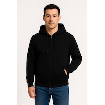 Epilons Zenda1125 Erkek Üç İplik Kapüşonlu Tam Fermuarlı Kanguru Çepli Sweatshirt Hoodie - Siyah Zenda478