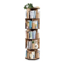 Vigo Wood 360 Döner Kitaplık Modern Ve Dekoratif Çok Katmanlı Ahşap Kitap Ve Dergi Rafı Meşe, 5 Raflı Abanoz - Beyaz