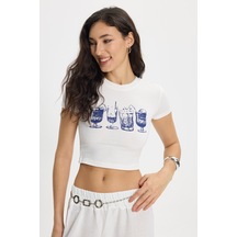 Tudors Kadın Slim Fit Dar Kesim Pamuk Bisiklet Yaka Kısa Kollu Baskılı Ekru Crop Tişört-50535 L