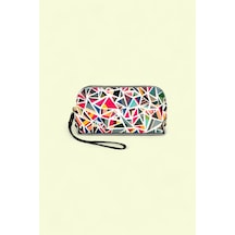Me-vo Geometrik Desenli Renkli Clutch El Çantası, Fermuarlı, Bileklikli Çok Renkli