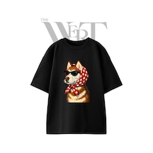 Thewert Husky Gozluk Esarp Tasarım Baskılı Ünisex Siyah Oversize T-shirt