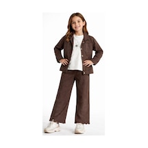 Irem Kız Çocuk Taş Ve Nakış Detaylı Gabardin Kumaş Ceket Pantolon Sweatshirt Kahverengi Renk Üçlü Takım Kahverengi