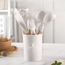 Novahub Beyaz Silikon Yapışmaz Mutfak Aletleri Seti, Tencere Spatula Kürek Yumurta Çırpıcı Ahşap Saplı Gıda Sınıfı Set Beyaz