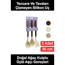 Mutfak Ergonomik Akasya Ahşap Saplı 3'lü Silikon Mutfak Seti Kepçe Kaşık Spatula Isıya Dayanıklı Te