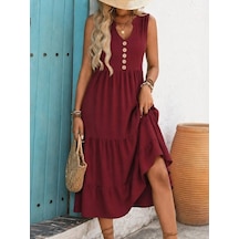 Defymoda Kadın Askılı V Yakalı Önden Düğmeli Midi Bürümcük Elbise Bordo