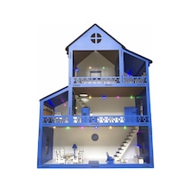 Ahşap Oyun Evi 80Cm 21 Eşya Mavi Led Işıklı