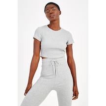 Maraton Sportswear Slimfit Kadın Bisiklet Yaka Kısa Kol Basic Gri Melanj Crop Top 18997 GRI MELANJ Gri Melanj