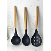 3'lü Bambu Saplı Silikon Mutfak Seti Kaşık Kepçe Kevgir Siyah