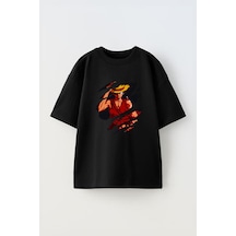 Thewert Unisex Anime Luffy Straw Ha Tone Piece Kesik Tasarım Baskılı Pamuk Sıyah Oversize T-shirt Siyah